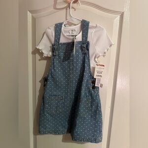 Max Studio Blue Denim Polka Dot Overall Dress with White Tee